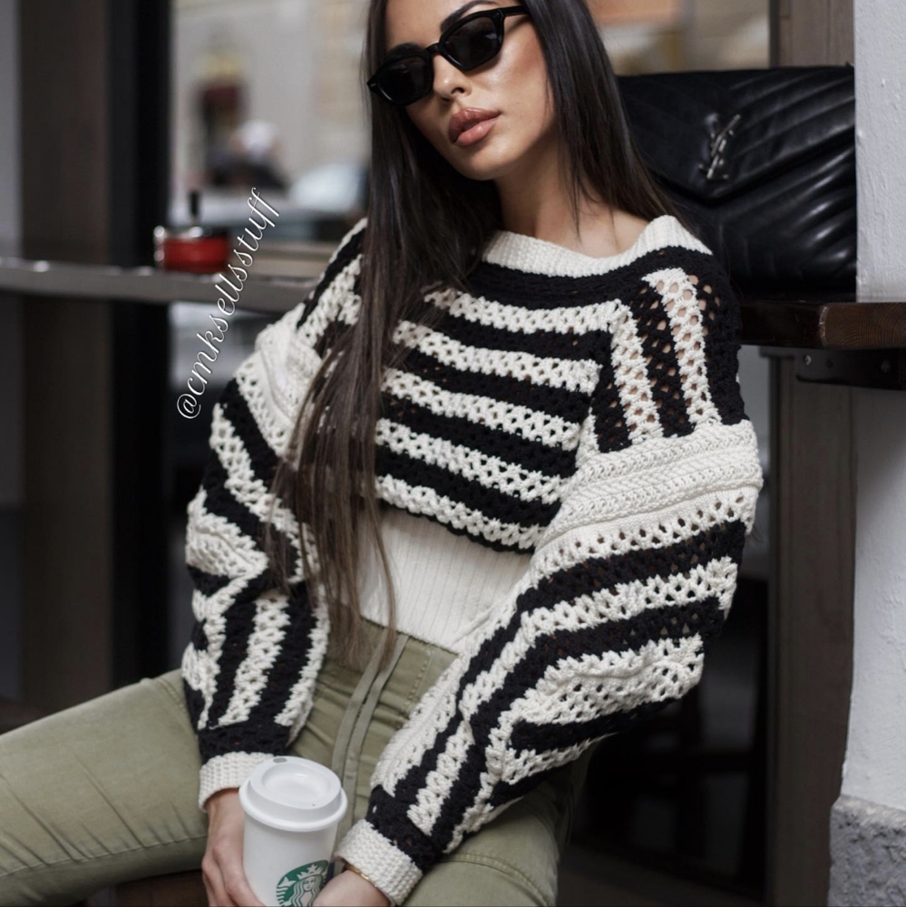 ZARA LIMITED EDITION STRIPED OPENWORK KNIT SWEATER BLACK WHITE STRIPE S NWT